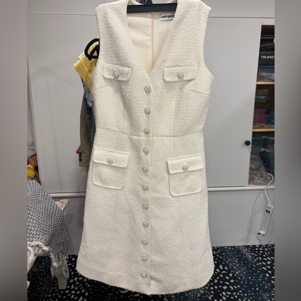 Self-Portrait White Textured Midi Dress